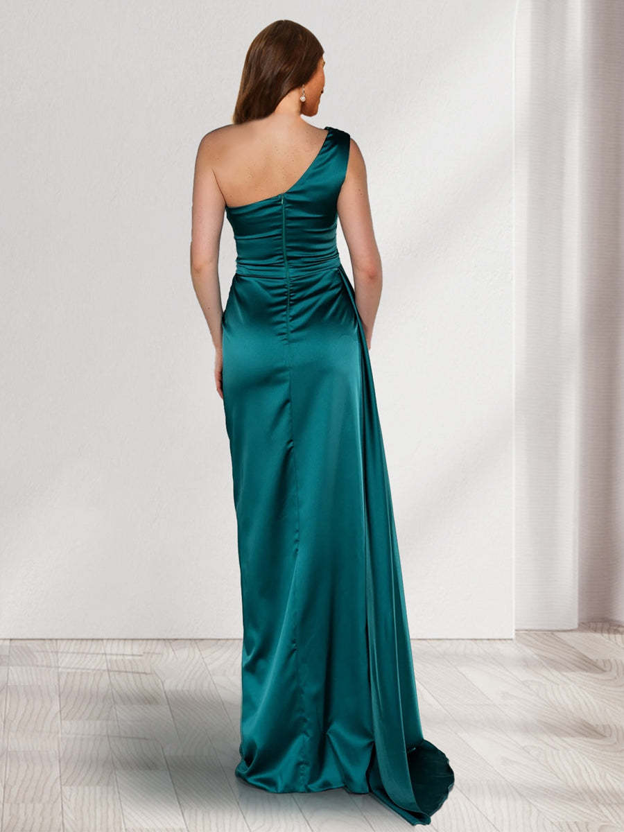 Sheath Column One Shoulder Sleeveless Ruched Bridesmaid Dresses with Split Side