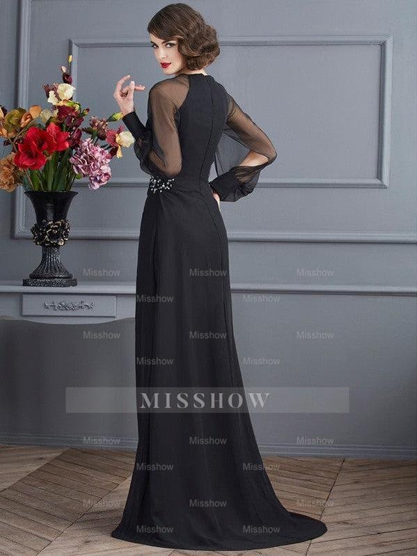 Sheath/Column Scoop Long Sleeves Beading Long Chiffon Prom Evening Dresses