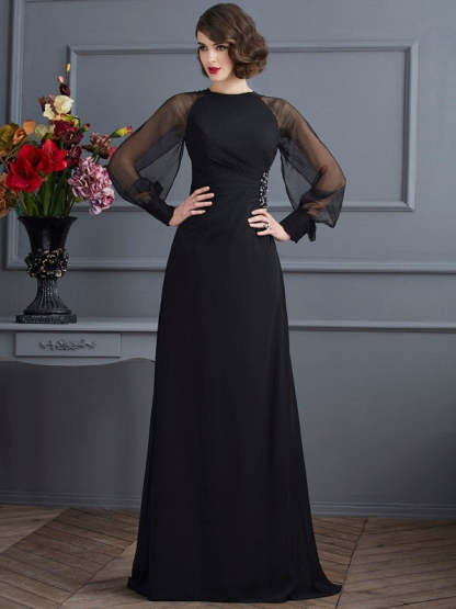Sheath/Column Scoop Long Sleeves Beading Long Chiffon Prom Evening Dresses