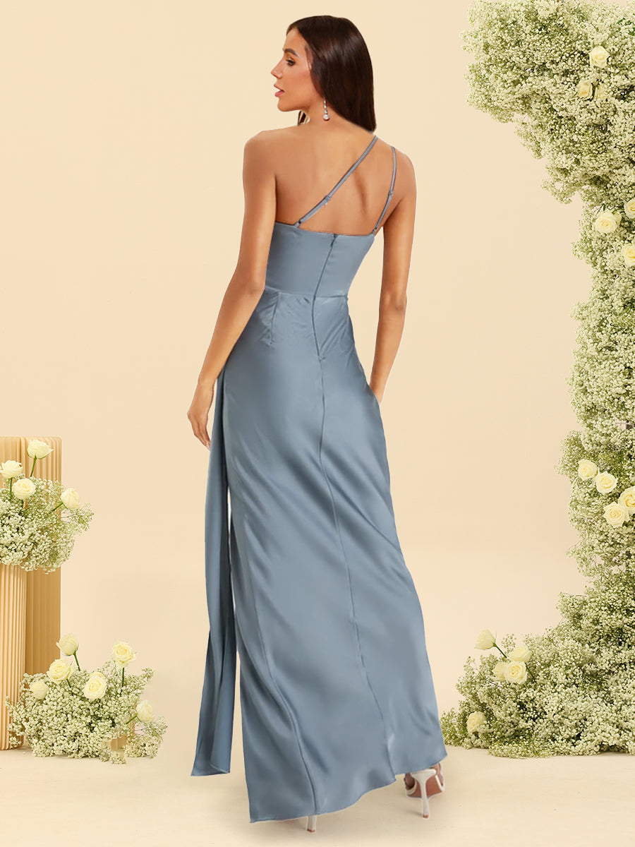 Sheath Column Silk Satin One Shoulder Floor Length Bridesmaid Dresses With Split Side