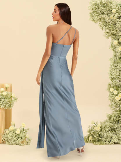 Sheath Column Silk Satin One Shoulder Floor Length Bridesmaid Dresses With Split Side
