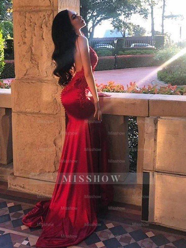 Sheath/Column Sleeveless Spaghetti Straps Applique Silk like Satin Prom Evening Dresses