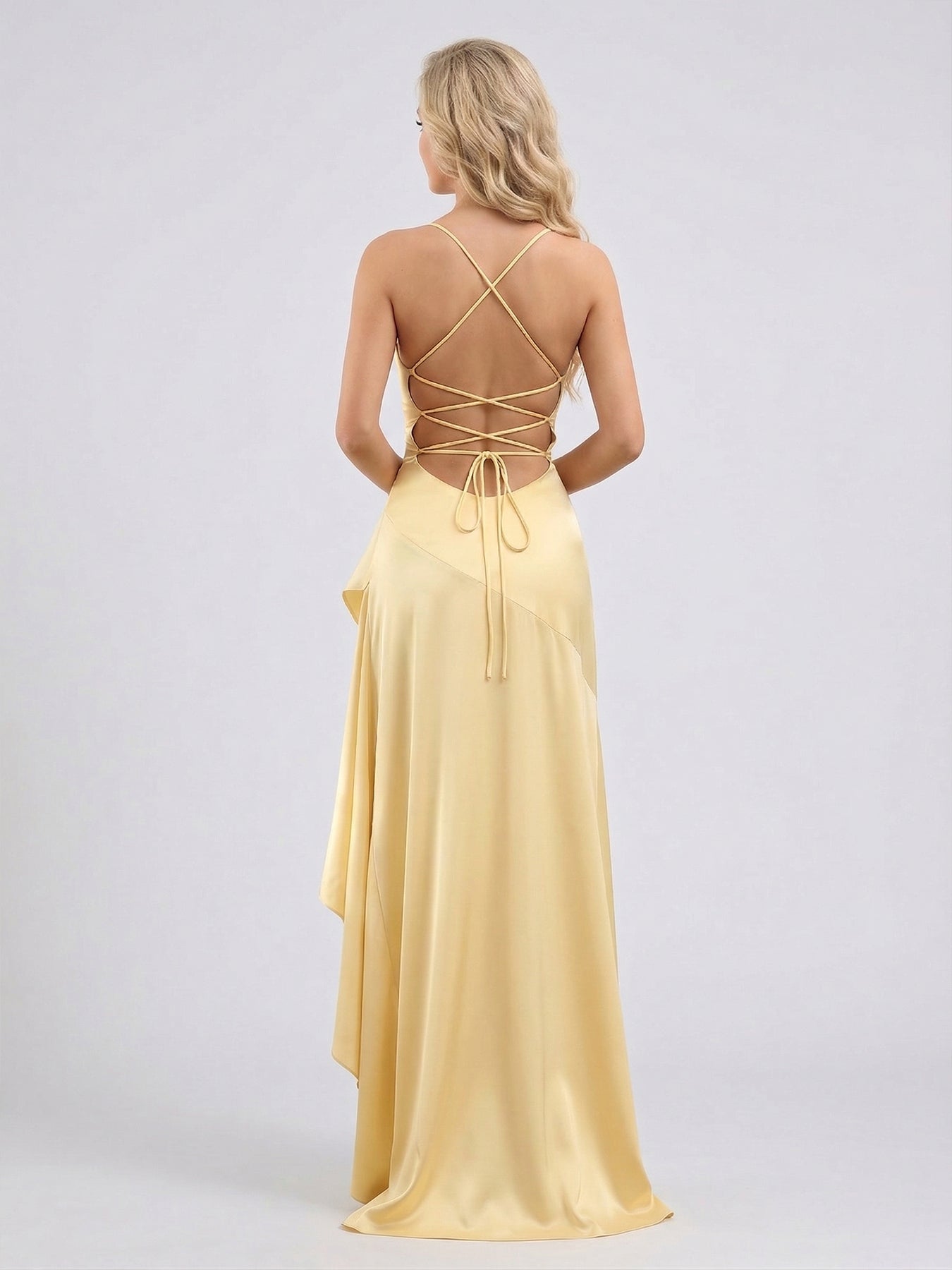 Sheath Column Spaghetti Straps Asymmetrical Bridesmaid Dresses with Split Side Ruffles