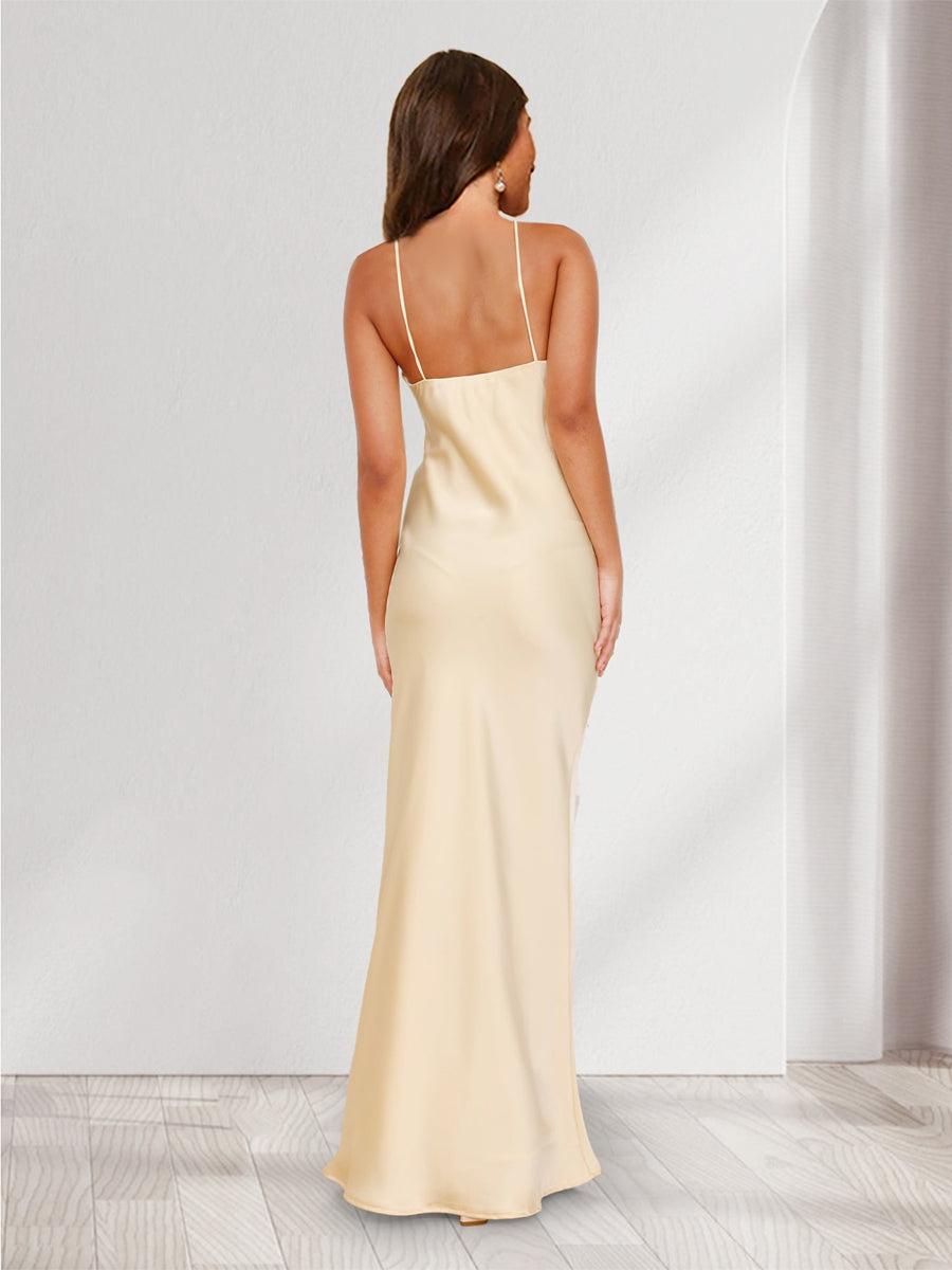 Sheath Column Spaghetti Straps Floor Length Minimalist Bridesmaid Dresses