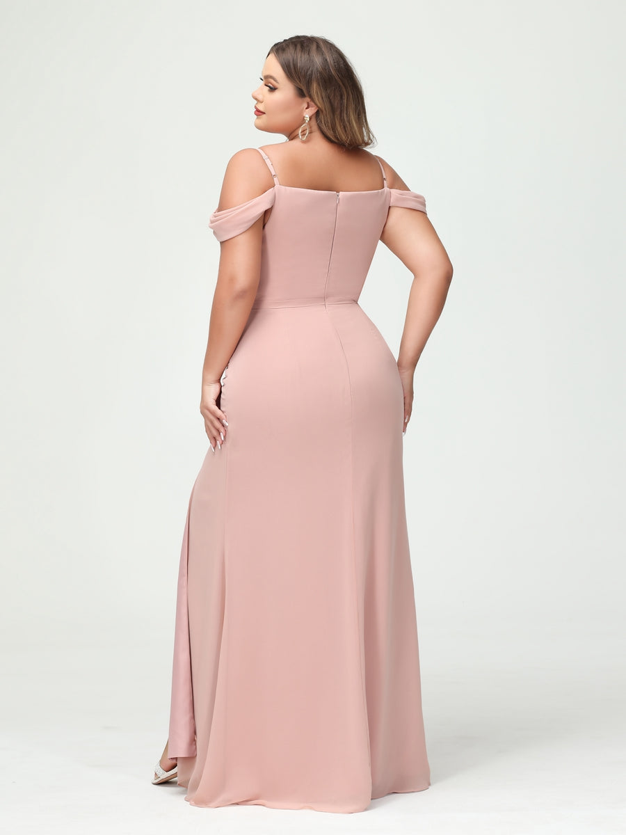 Sheath Column Spaghetti Straps Off the Shoulder Chiffon Split Side Plus Size Bridesmaid Dresses