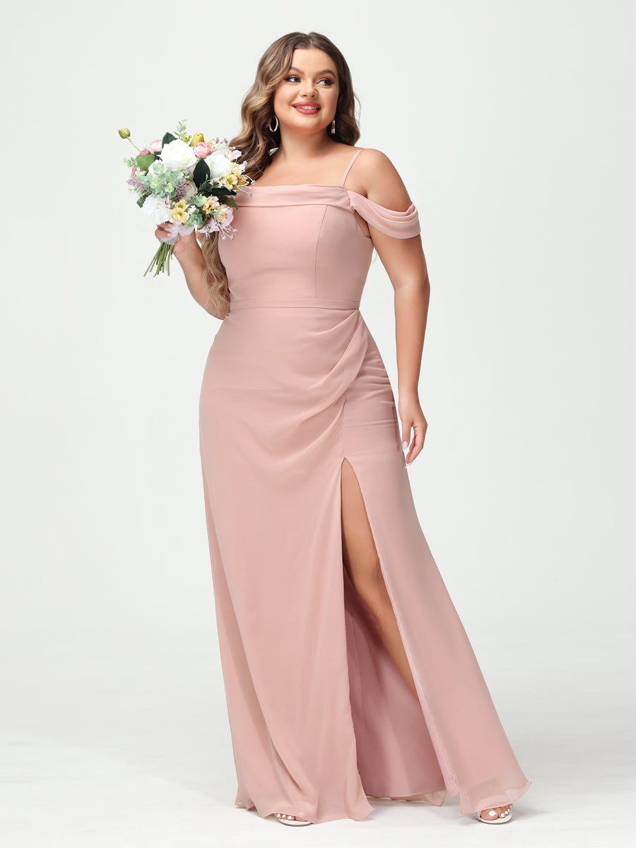 Sheath Column Spaghetti Straps Off the Shoulder Chiffon Split Side Plus Size Bridesmaid Dresses