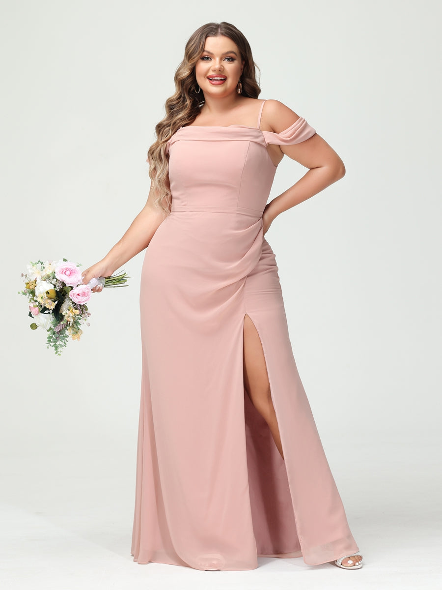 Sheath Column Spaghetti Straps Off the Shoulder Chiffon Split Side Plus Size Bridesmaid Dresses