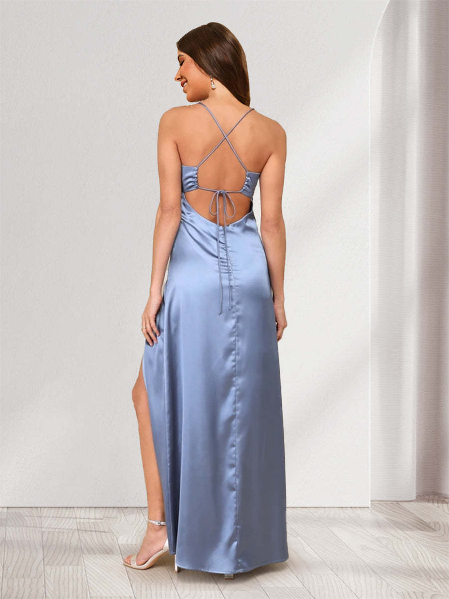 Sheath Column Spaghetti Straps Pleated Lace Up Long Bridesmaid Dresses with Split Side