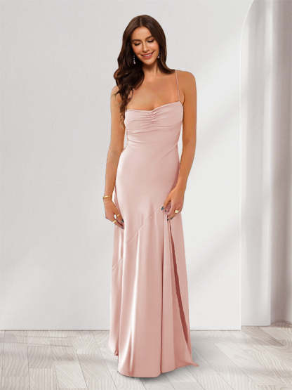Sheath Column Spaghetti Straps Pleated Long Bridesmaid Dresses with Split Side