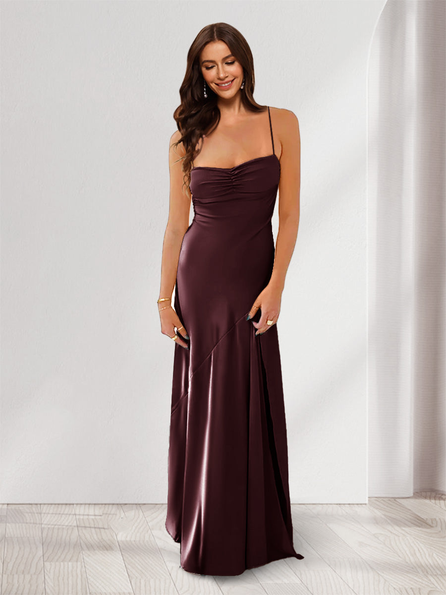 Sheath Column Spaghetti Straps Pleated Long Bridesmaid Dresses with Split Side