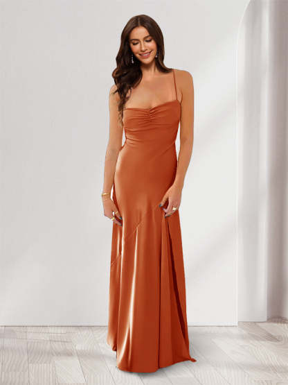 Sheath Column Spaghetti Straps Pleated Long Bridesmaid Dresses with Split Side