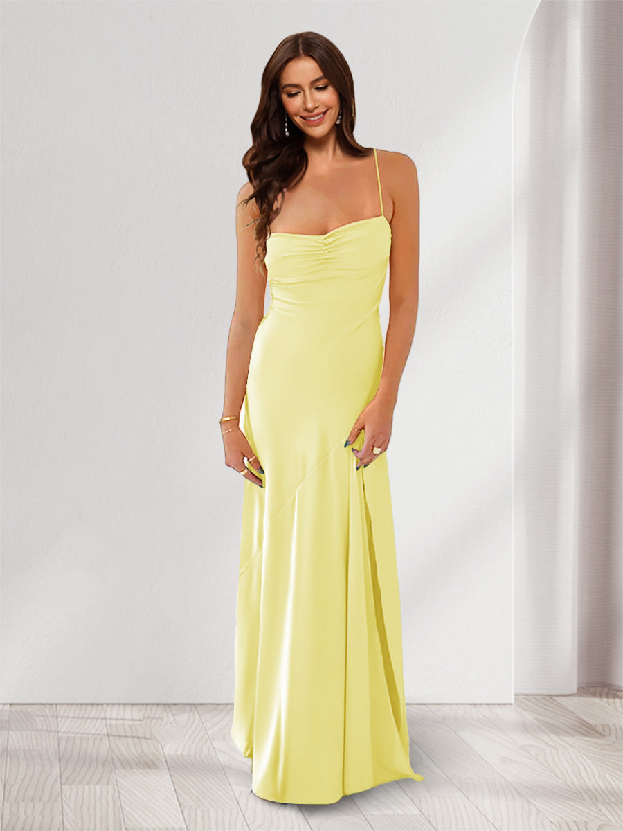 Sheath Column Spaghetti Straps Pleated Long Bridesmaid Dresses with Split Side