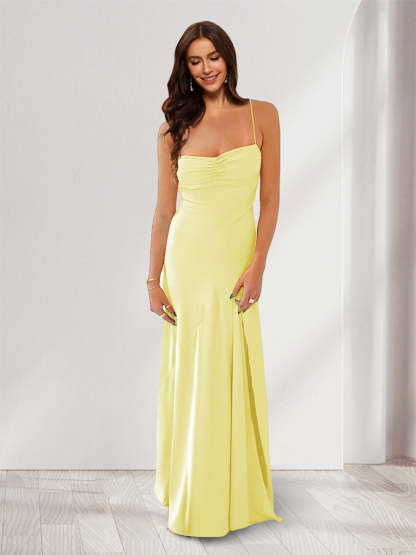 Sheath Column Spaghetti Straps Pleated Long Bridesmaid Dresses with Split Side