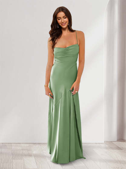 Sheath Column Spaghetti Straps Pleated Long Bridesmaid Dresses with Split Side