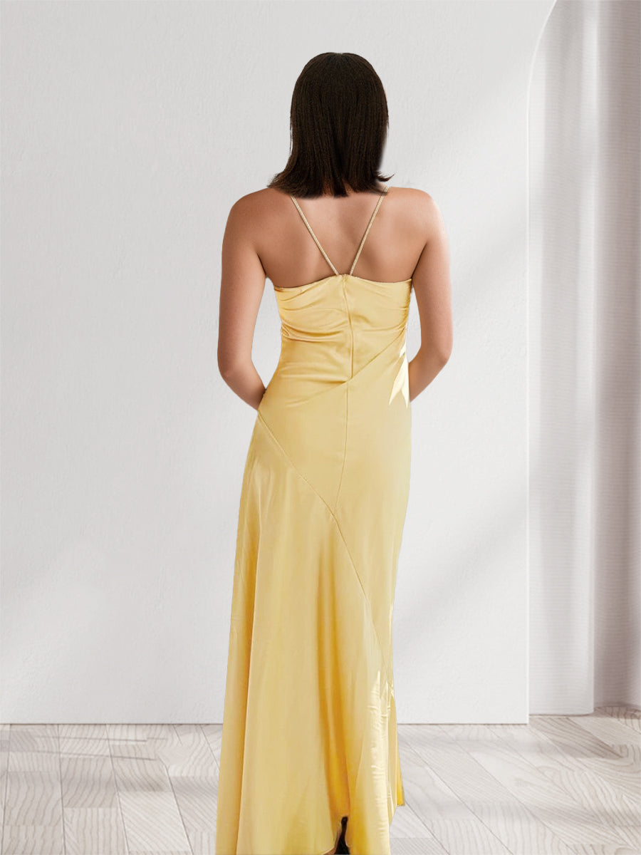 Sheath Column Spaghetti Straps Pleated Long Bridesmaid Dresses with Split Side