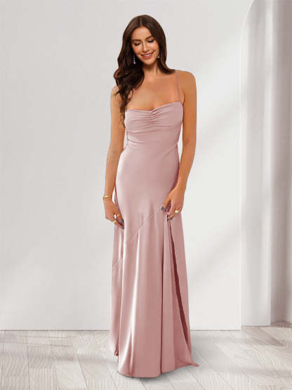 Sheath Column Spaghetti Straps Pleated Long Bridesmaid Dresses with Split Side