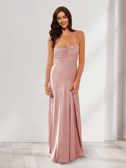 Sheath Column Spaghetti Straps Pleated Long Bridesmaid Dresses with Split Side