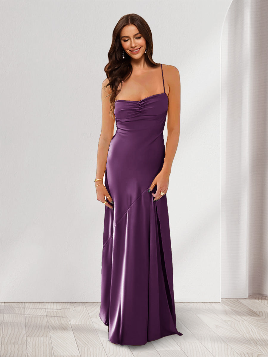 Sheath Column Spaghetti Straps Pleated Long Bridesmaid Dresses with Split Side