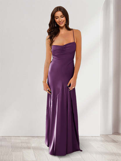 Sheath Column Spaghetti Straps Pleated Long Bridesmaid Dresses with Split Side