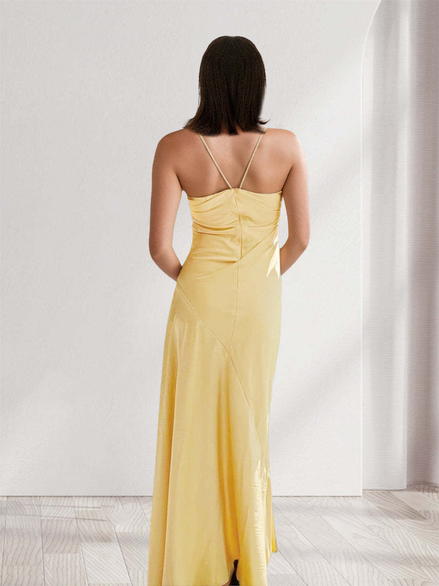 Sheath Column Spaghetti Straps Pleated Long Bridesmaid Dresses with Split Side