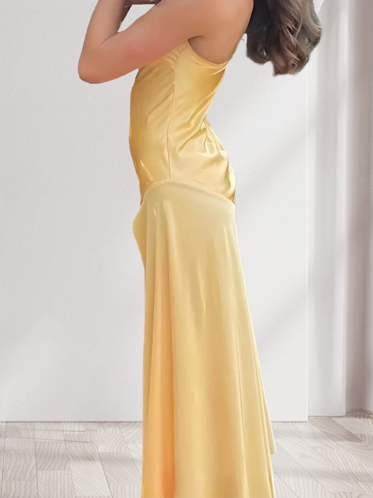 Sheath Column Spaghetti Straps Pleated Long Bridesmaid Dresses with Split Side