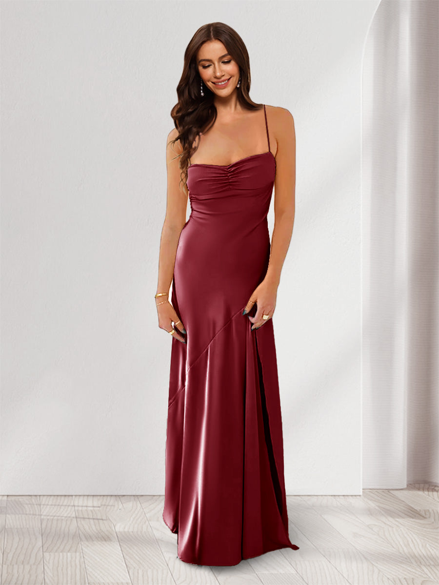 Sheath Column Spaghetti Straps Pleated Long Bridesmaid Dresses with Split Side