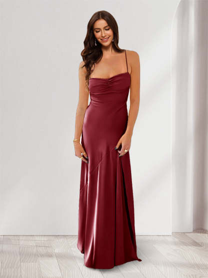 Sheath Column Spaghetti Straps Pleated Long Bridesmaid Dresses with Split Side