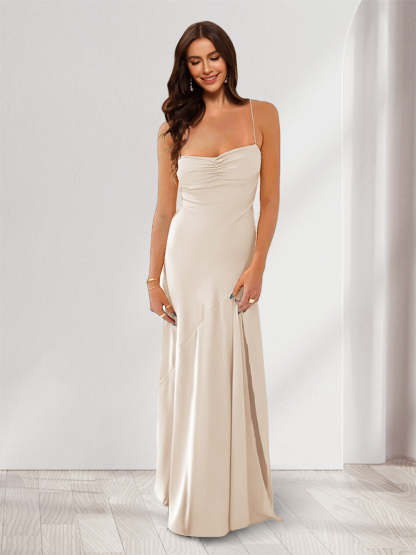 Sheath Column Spaghetti Straps Pleated Long Bridesmaid Dresses with Split Side