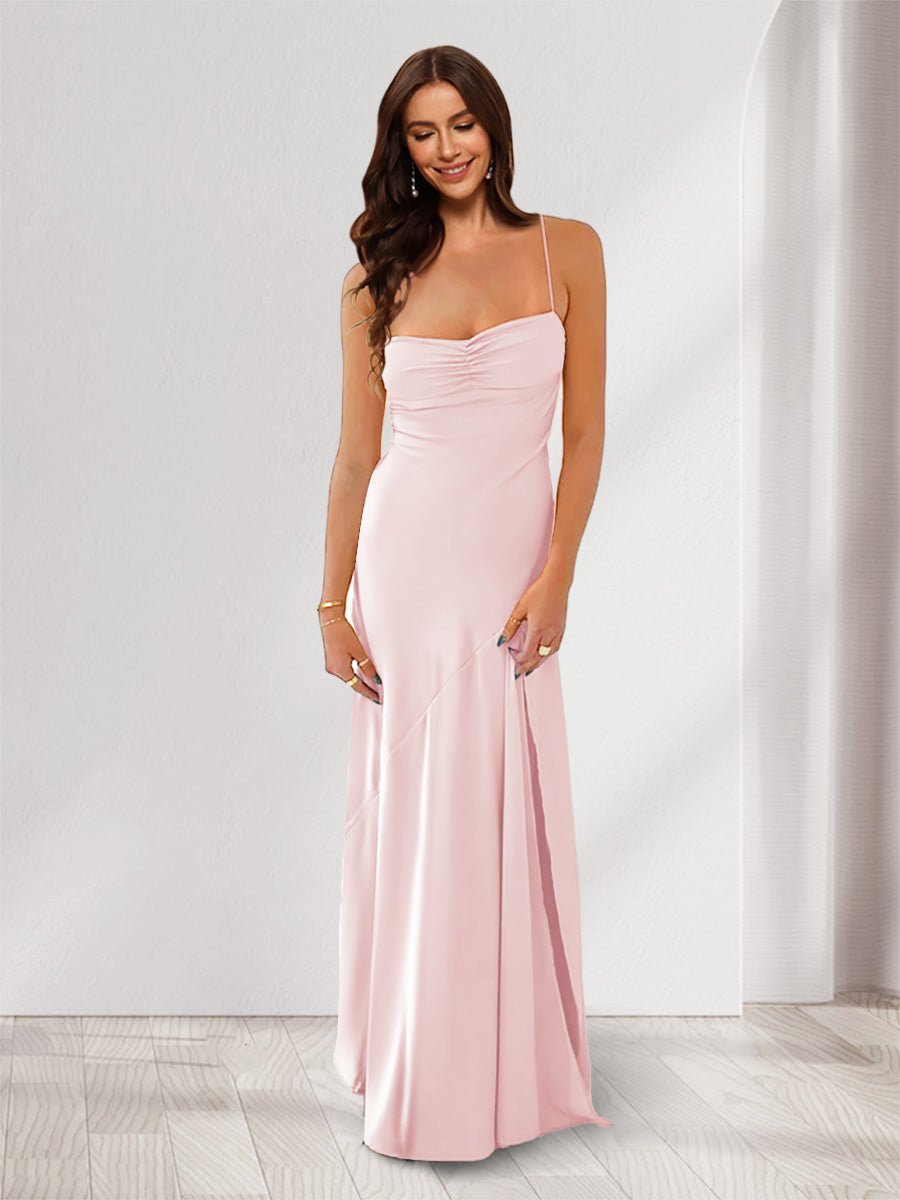 Sheath Column Spaghetti Straps Pleated Long Bridesmaid Dresses with Split Side