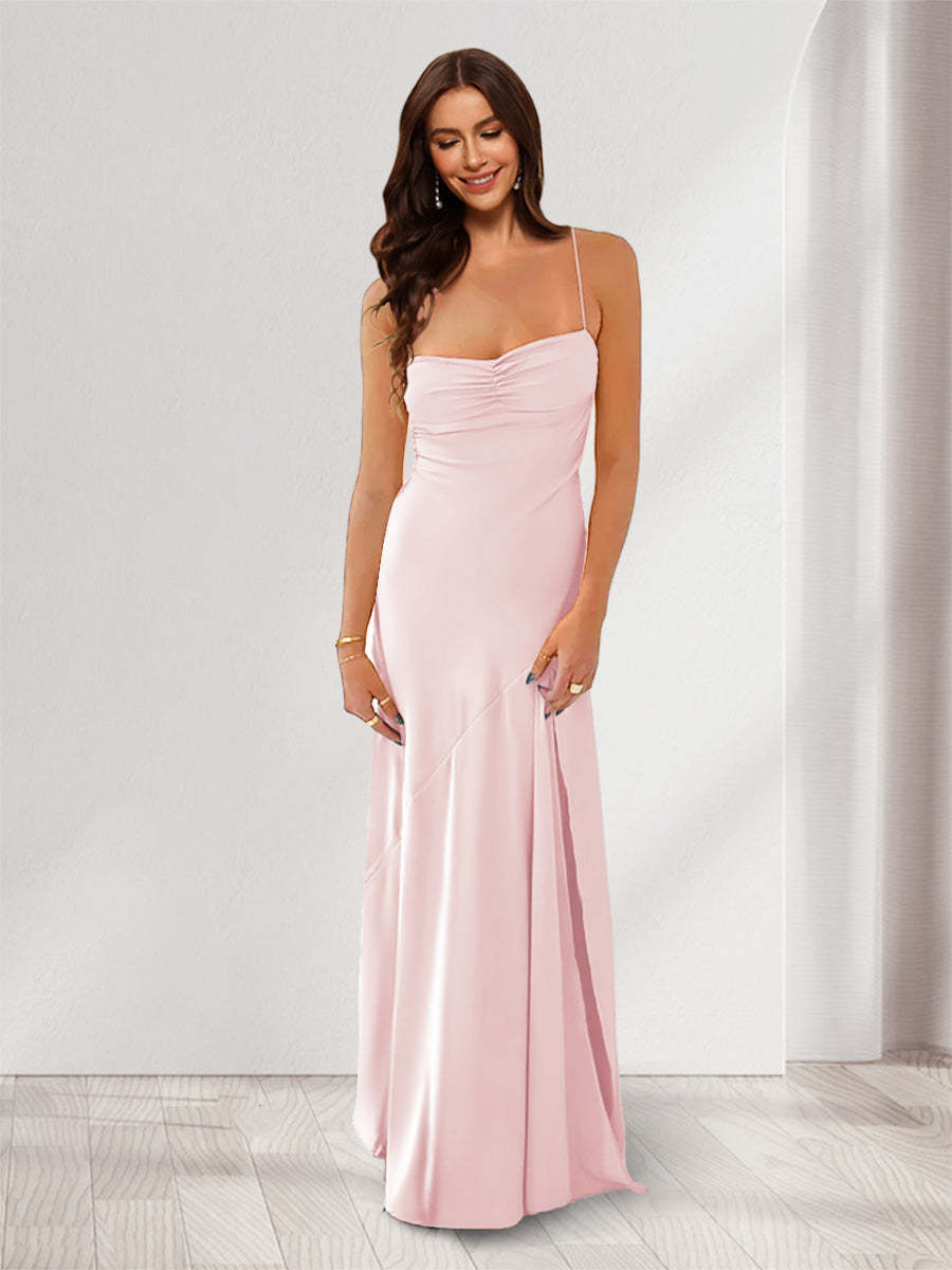 Sheath Column Spaghetti Straps Pleated Long Bridesmaid Dresses with Split Side