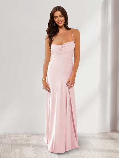 Sheath Column Spaghetti Straps Pleated Long Bridesmaid Dresses with Split Side