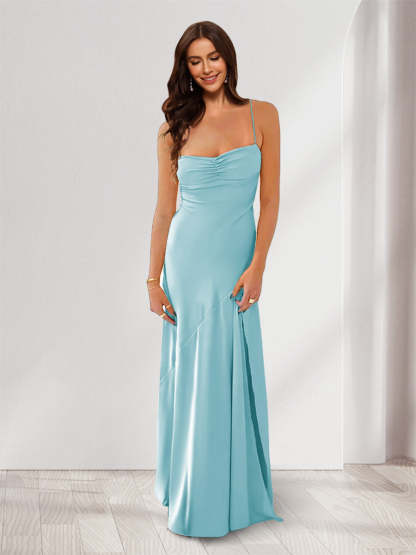 Sheath Column Spaghetti Straps Pleated Long Bridesmaid Dresses with Split Side