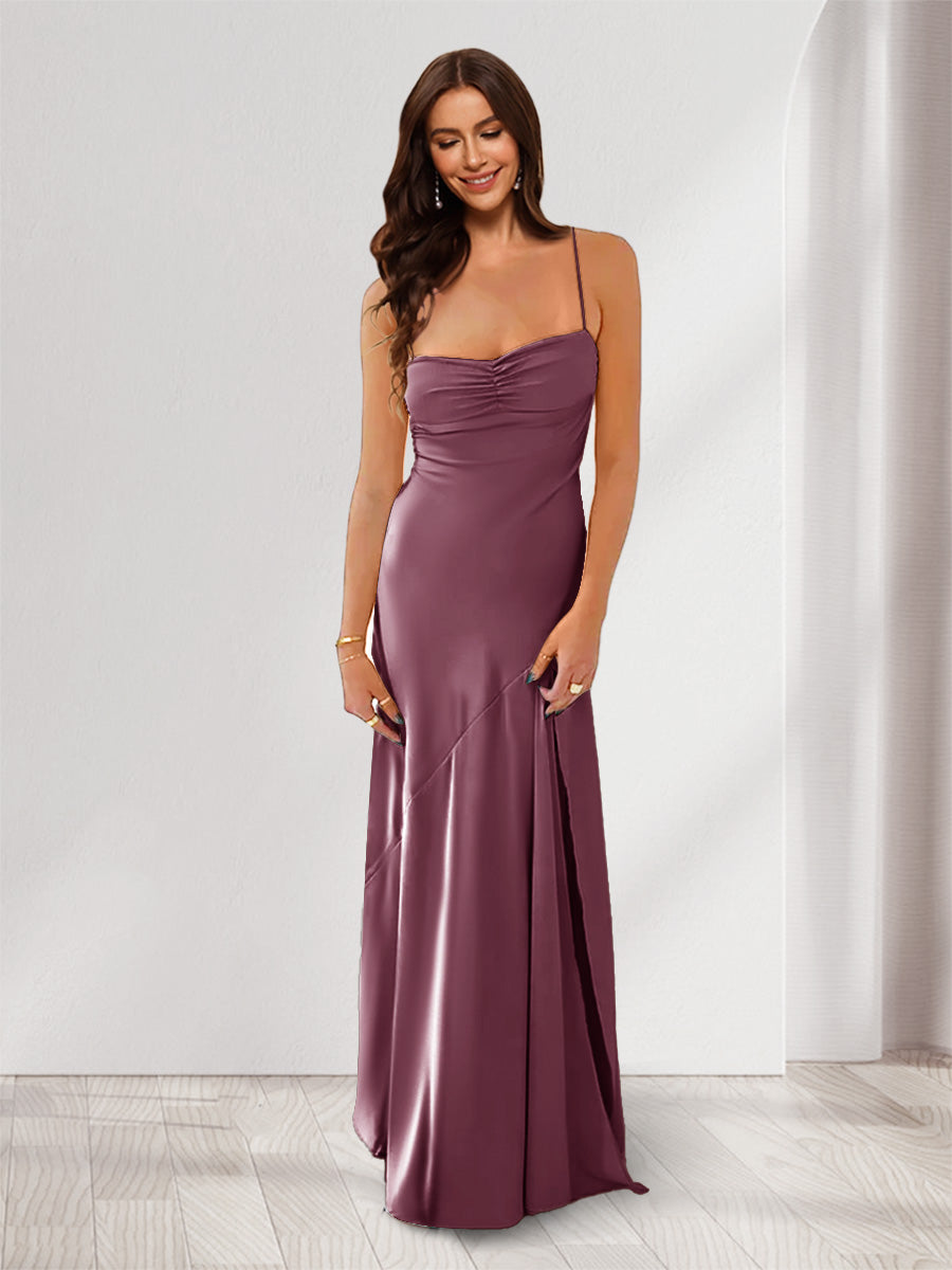 Sheath Column Spaghetti Straps Pleated Long Bridesmaid Dresses with Split Side