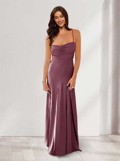 Sheath Column Spaghetti Straps Pleated Long Bridesmaid Dresses with Split Side