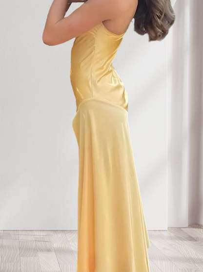 Sheath Column Spaghetti Straps Pleated Long Bridesmaid Dresses with Split Side