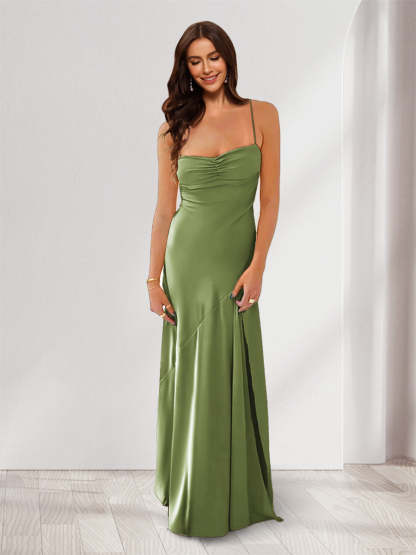 Sheath Column Spaghetti Straps Pleated Long Bridesmaid Dresses with Split Side
