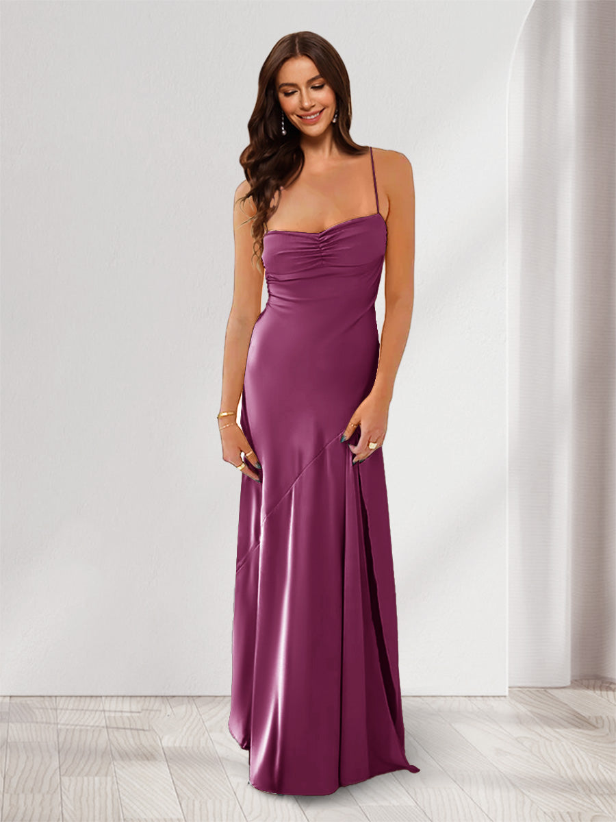 Sheath Column Spaghetti Straps Pleated Long Bridesmaid Dresses with Split Side