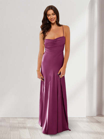Sheath Column Spaghetti Straps Pleated Long Bridesmaid Dresses with Split Side