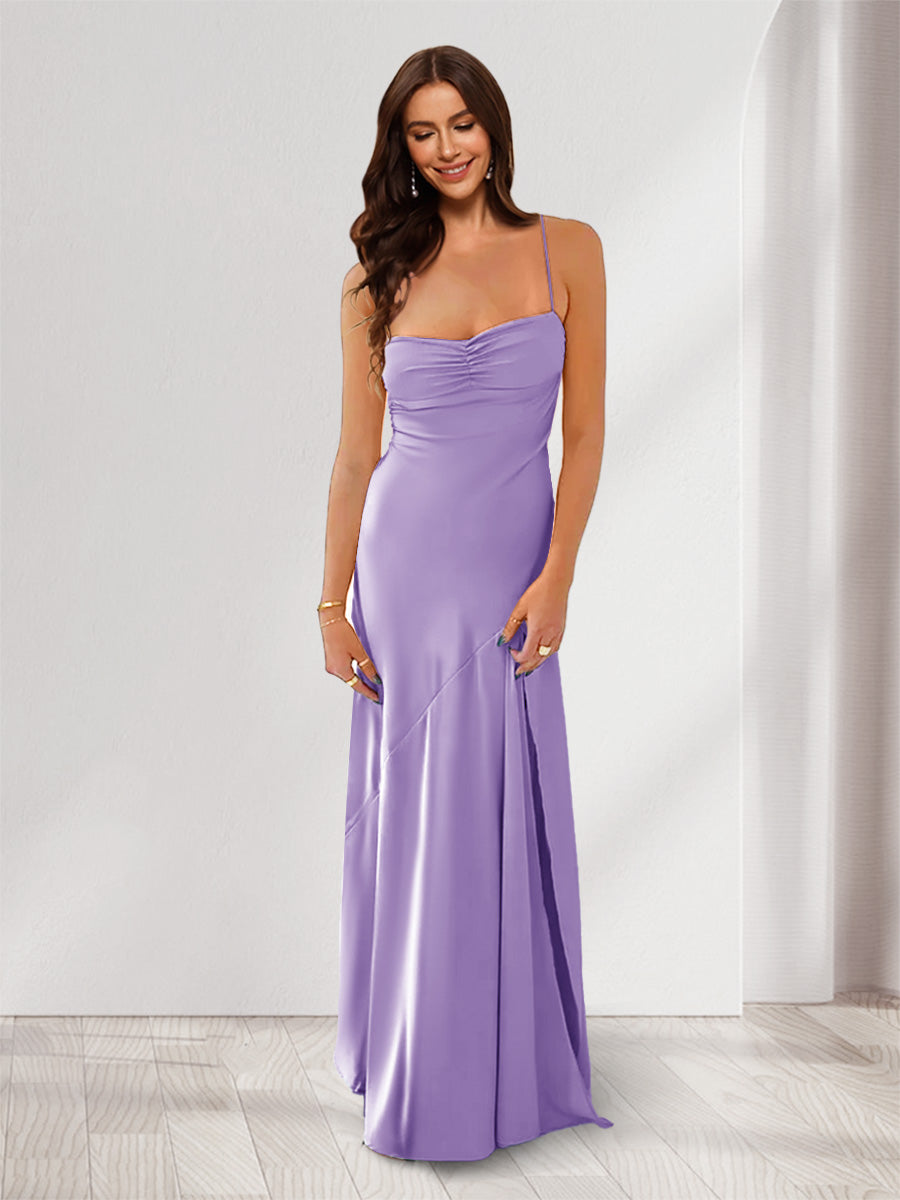 Sheath Column Spaghetti Straps Pleated Long Bridesmaid Dresses with Split Side
