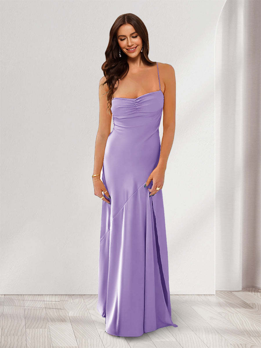 Sheath Column Spaghetti Straps Pleated Long Bridesmaid Dresses with Split Side