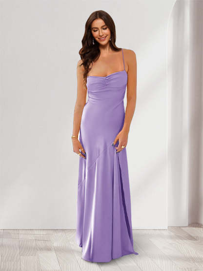 Sheath Column Spaghetti Straps Pleated Long Bridesmaid Dresses with Split Side