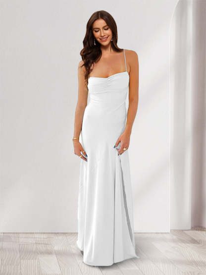 Sheath Column Spaghetti Straps Pleated Long Bridesmaid Dresses with Split Side