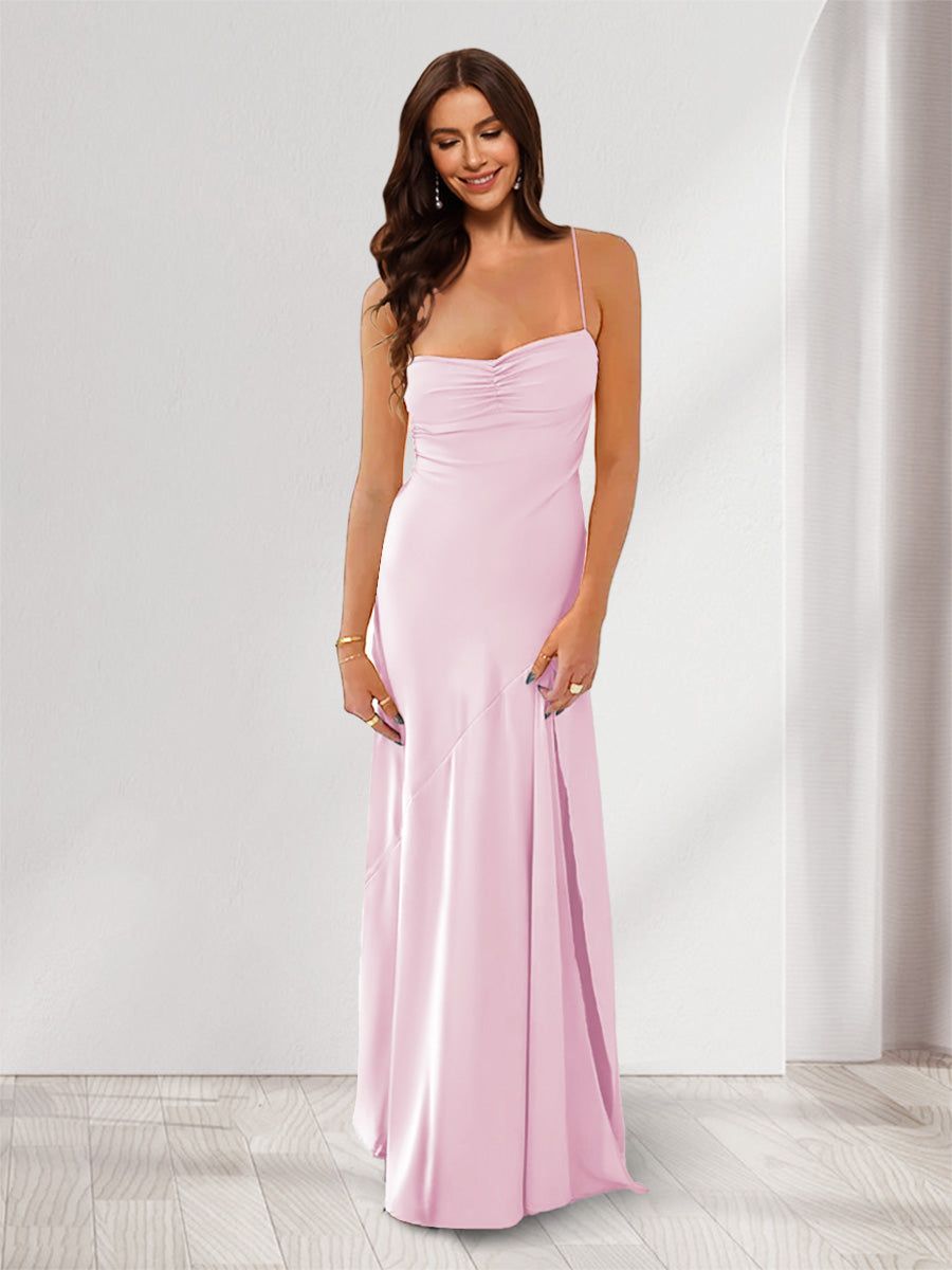 Sheath Column Spaghetti Straps Pleated Long Bridesmaid Dresses with Split Side