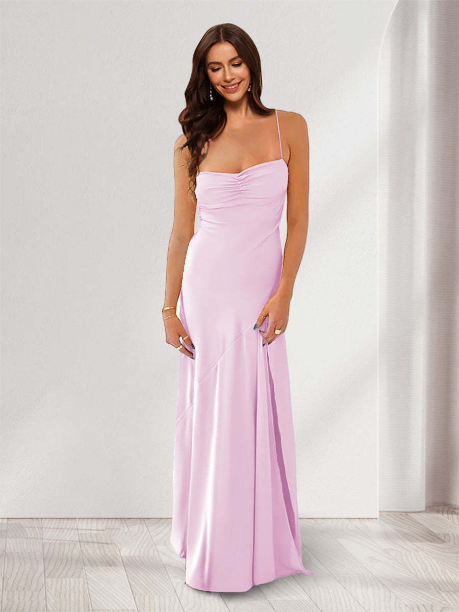 Sheath Column Spaghetti Straps Pleated Long Bridesmaid Dresses with Split Side