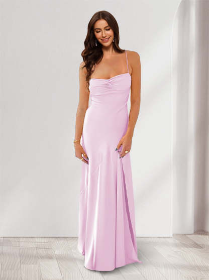 Sheath Column Spaghetti Straps Pleated Long Bridesmaid Dresses with Split Side