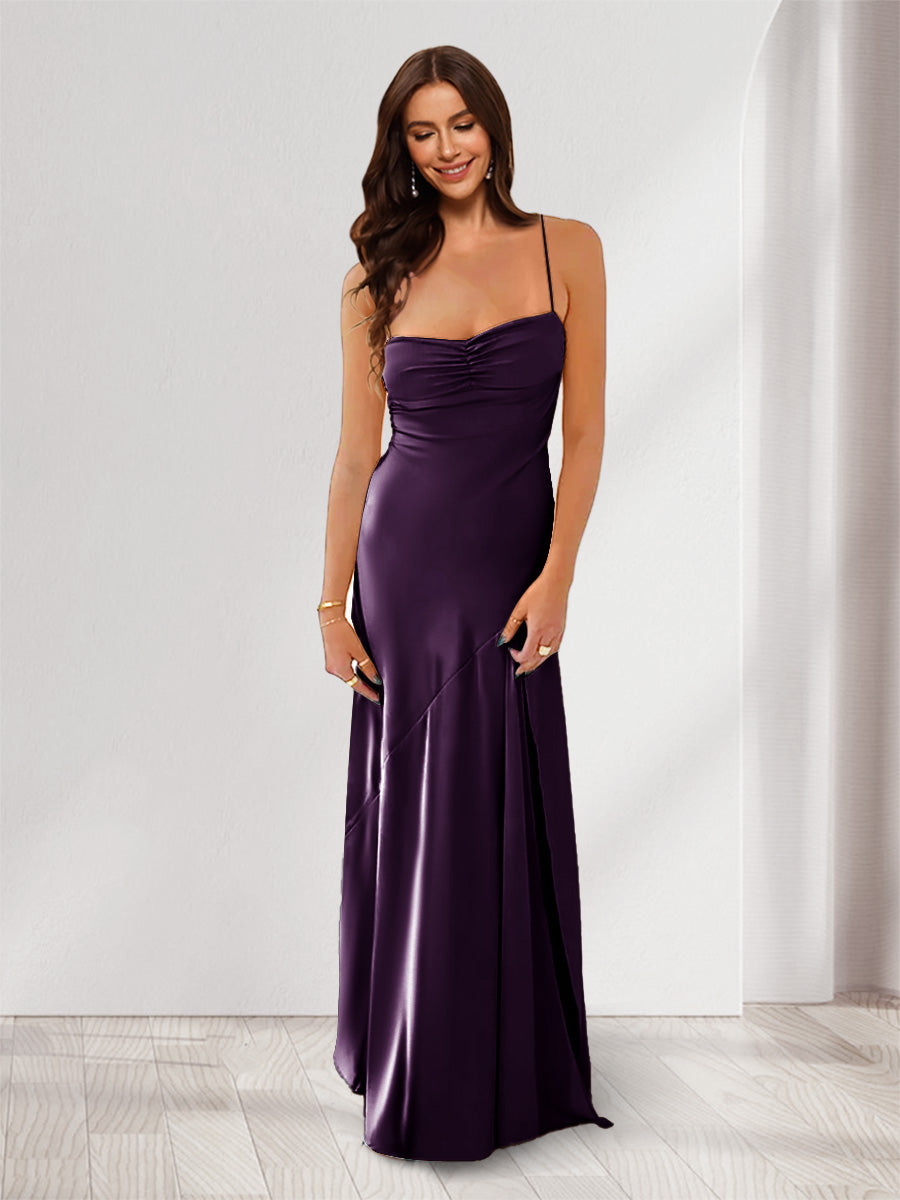 Sheath Column Spaghetti Straps Pleated Long Bridesmaid Dresses with Split Side