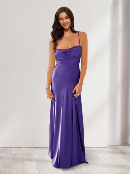 Sheath Column Spaghetti Straps Pleated Long Bridesmaid Dresses with Split Side