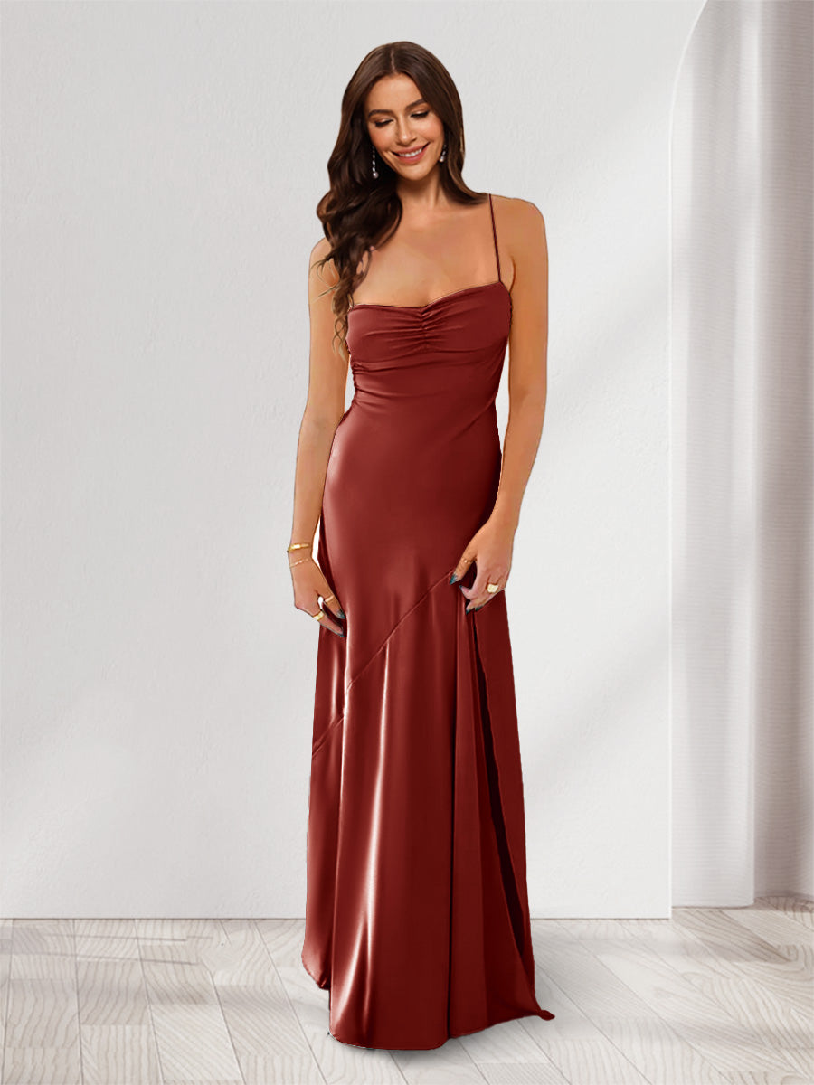 Sheath Column Spaghetti Straps Pleated Long Bridesmaid Dresses with Split Side