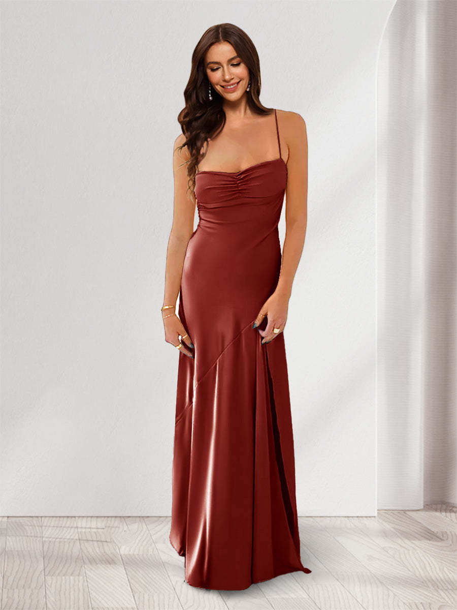 Sheath Column Spaghetti Straps Pleated Long Bridesmaid Dresses with Split Side