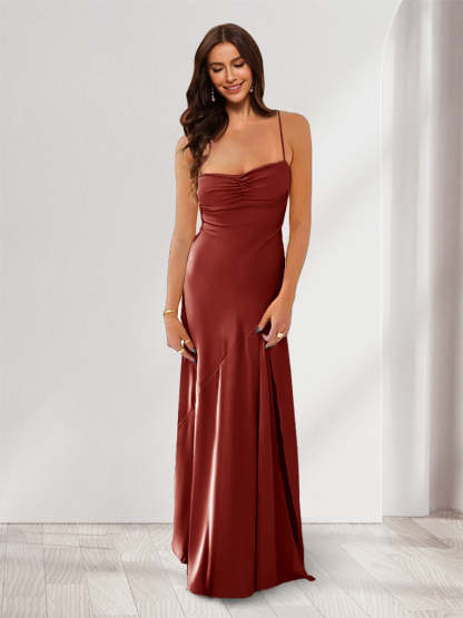 Sheath Column Spaghetti Straps Pleated Long Bridesmaid Dresses with Split Side